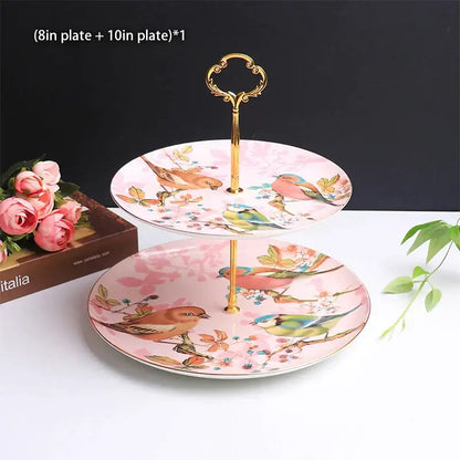Ornate gold three tiered floral fruit plates set dining room stand