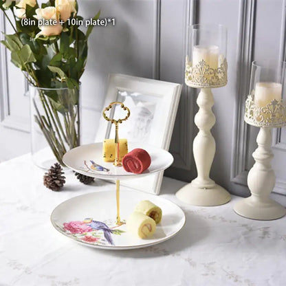 Ornate gold three tiered floral fruit plates set dining room stand