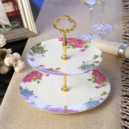 Ornate gold three tiered floral fruit plates set dining room stand