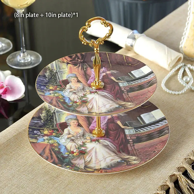 Ornate gold three tiered floral fruit plates set dining room stand