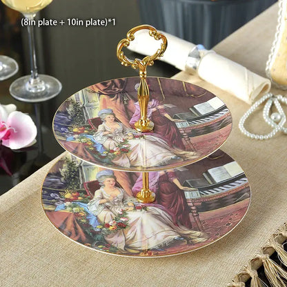 Ornate gold three tiered floral fruit plates set dining room stand
