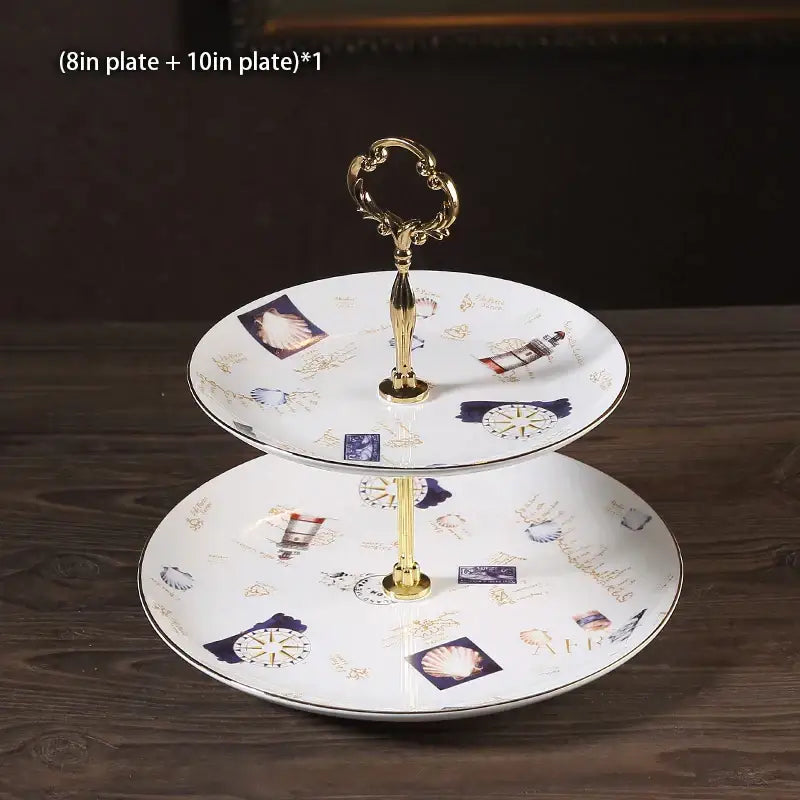 Ornate gold three tiered floral fruit plates set dining room stand