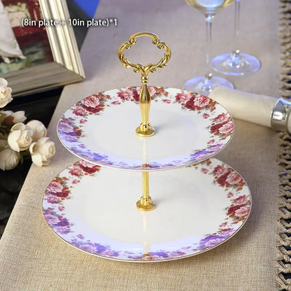 Ornate gold three tiered floral fruit plates set dining room stand