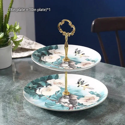 Ornate gold three tiered floral fruit plates set dining room stand