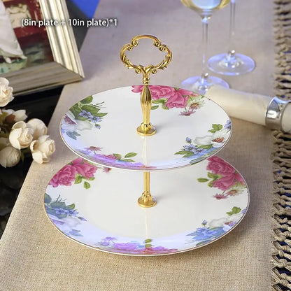 Ornate gold three tiered floral fruit plates set dining room stand