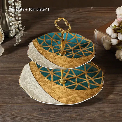 Ornate gold three tiered floral fruit plates set dining room stand
