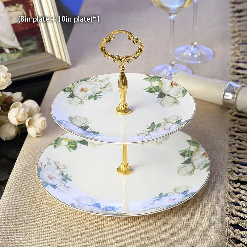 Ornate gold three tiered floral fruit plates set dining room stand