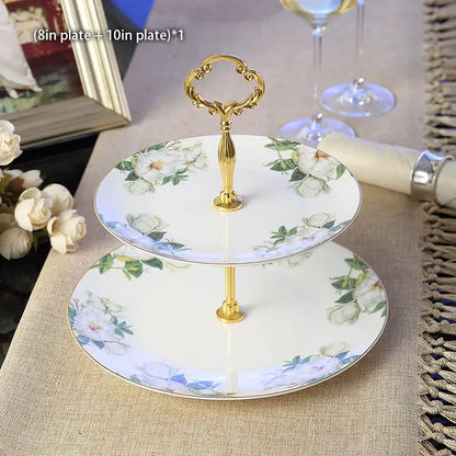 Ornate gold three tiered floral fruit plates set dining room stand