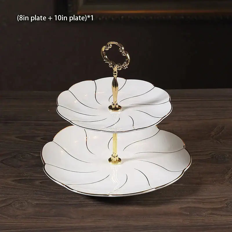 Ornate gold three tiered floral fruit plates set dining room stand