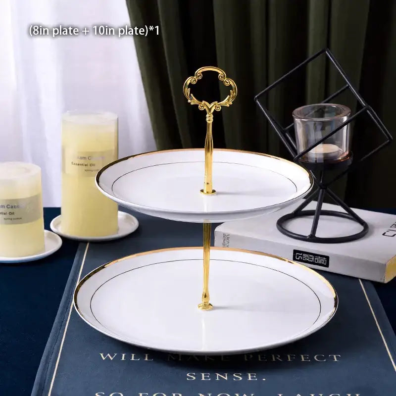 Ornate gold three tiered floral fruit plates set dining room stand