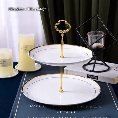 Ornate gold three tiered floral fruit plates set dining room stand