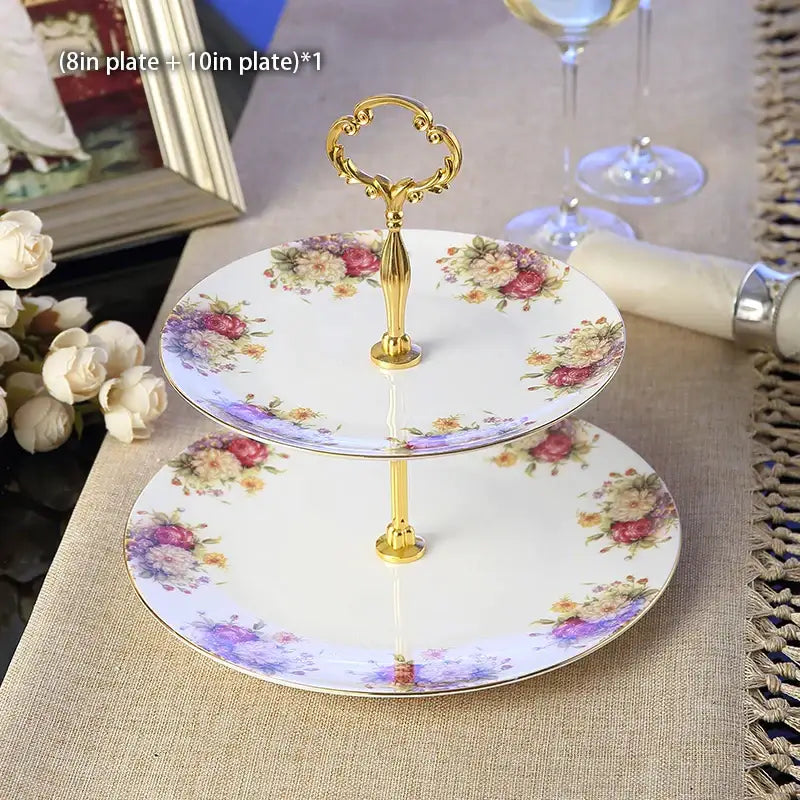 Ornate gold three tiered floral fruit plates set dining room stand