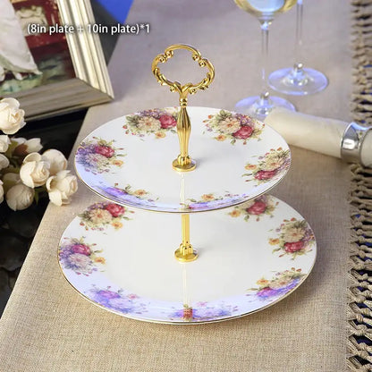 Ornate gold three tiered floral fruit plates set dining room stand