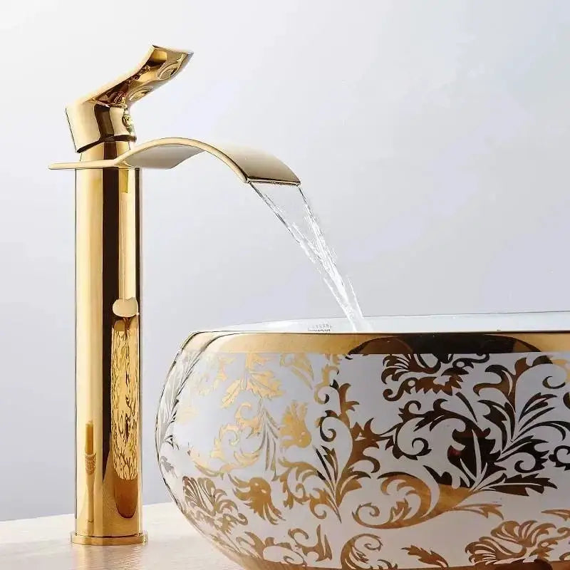 Ornate gold waterfall bathroom faucet floral basin mixer tap