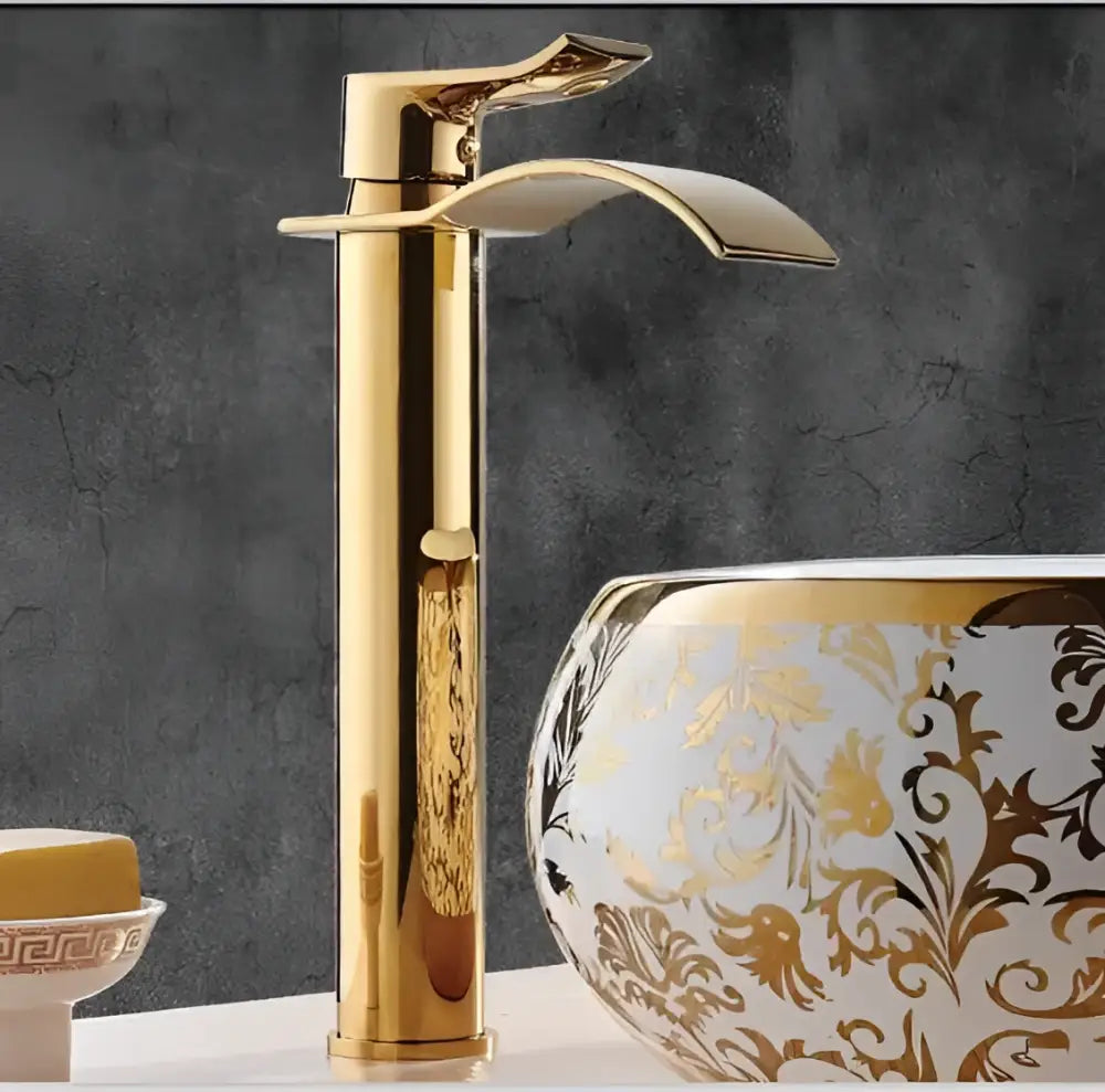 Ornate gold waterfall bathroom faucet floral basin mixer tap