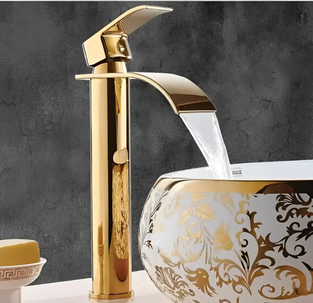 Ornate gold waterfall bathroom faucet floral basin mixer tap