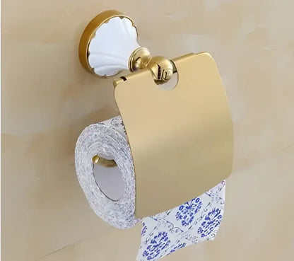 Ornate gold & white ceramic bathroom accessories set