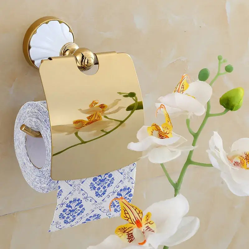 Ornate gold & white ceramic bathroom accessories set