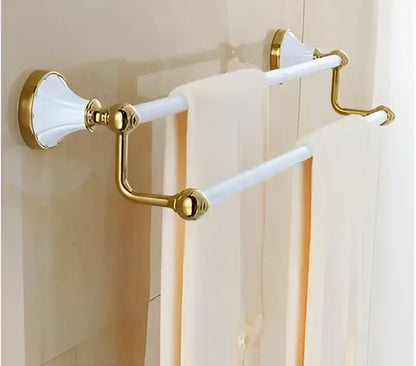 Ornate gold & white ceramic bathroom accessories set