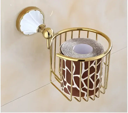Ornate gold & white ceramic bathroom accessories set