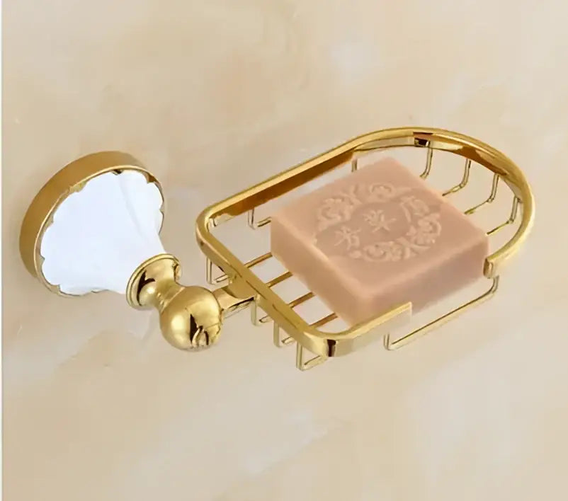 Ornate gold & white ceramic bathroom accessories set