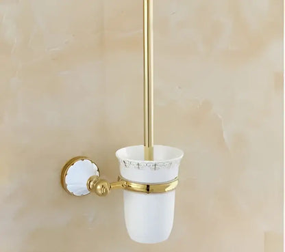 Ornate gold & white ceramic bathroom accessories set