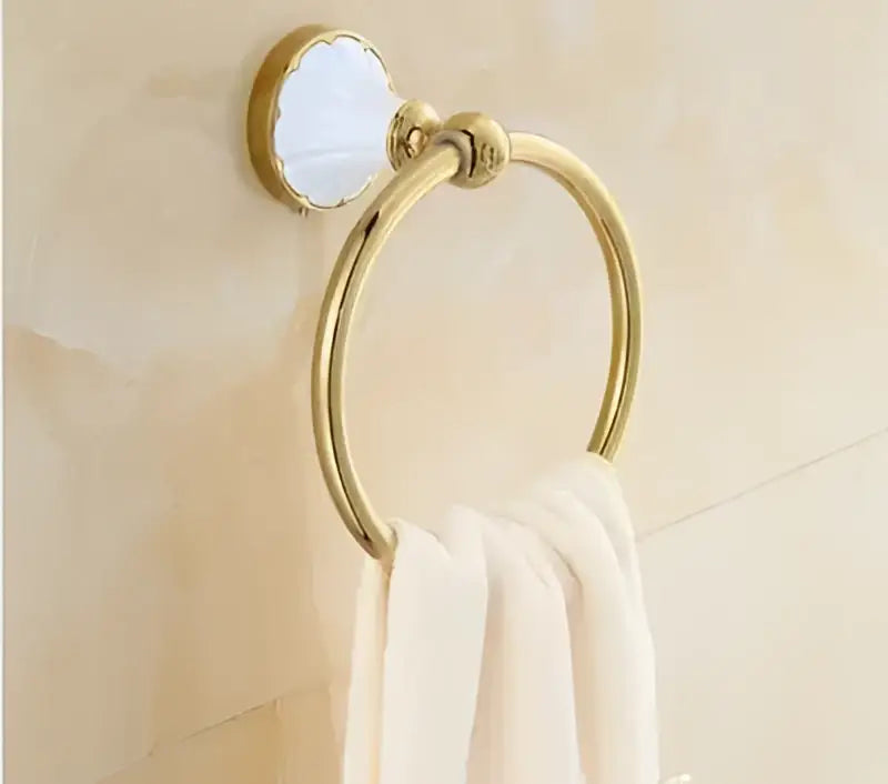 Ornate gold & white ceramic bathroom accessories set