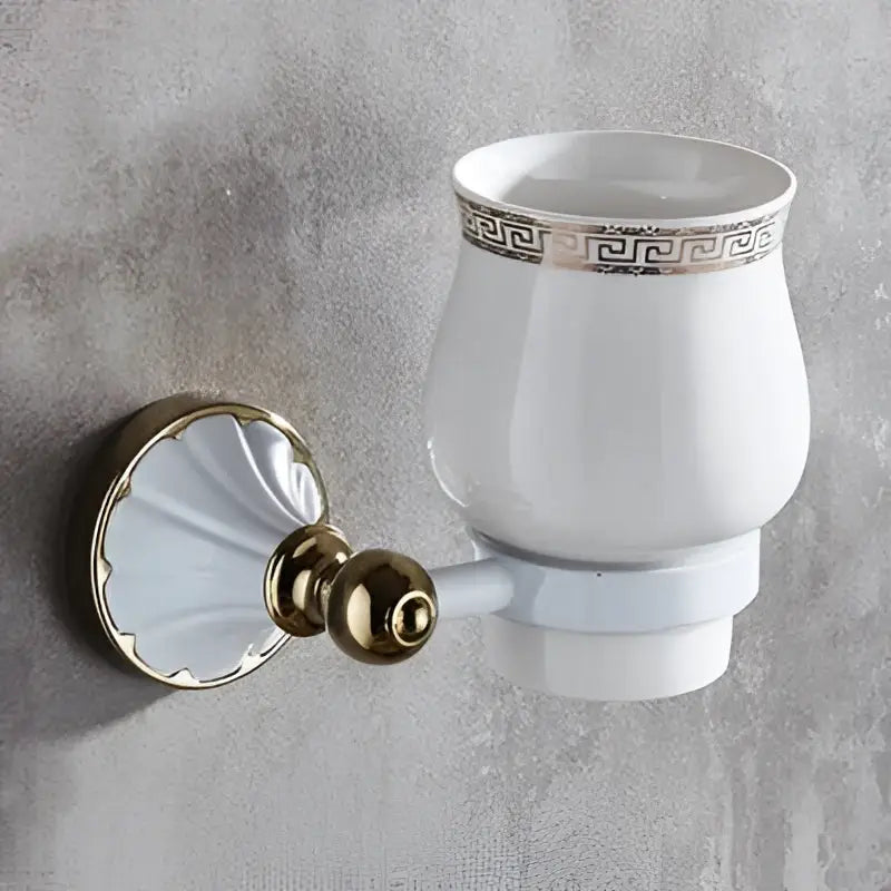 Ornate gold & white ceramic bathroom accessories set