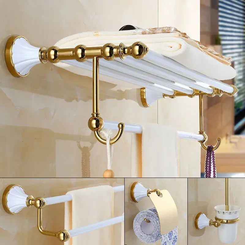 Ornate gold & white ceramic bathroom accessories set