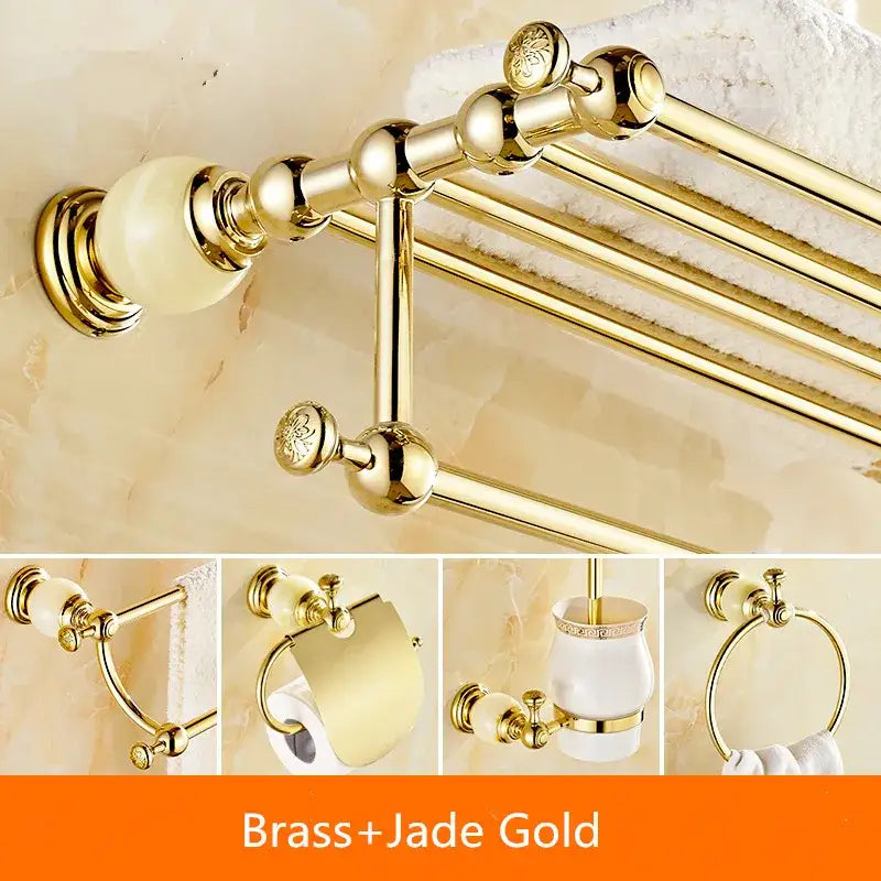 Ornate gold & white ceramic brass jade bathroom hardware set