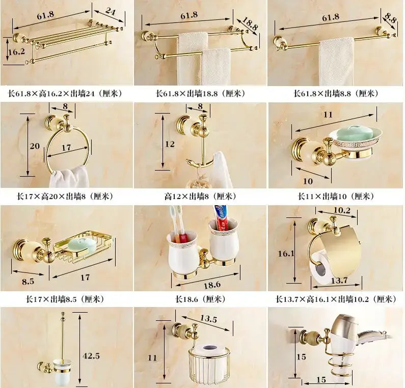Ornate gold & white ceramic brass jade bathroom hardware set