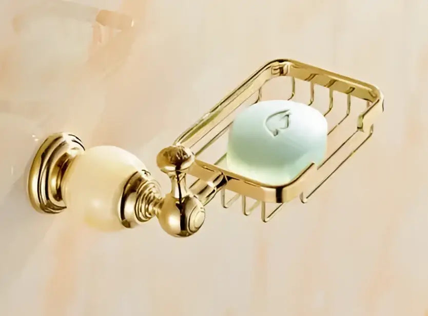 Ornate gold & white ceramic brass jade bathroom hardware set