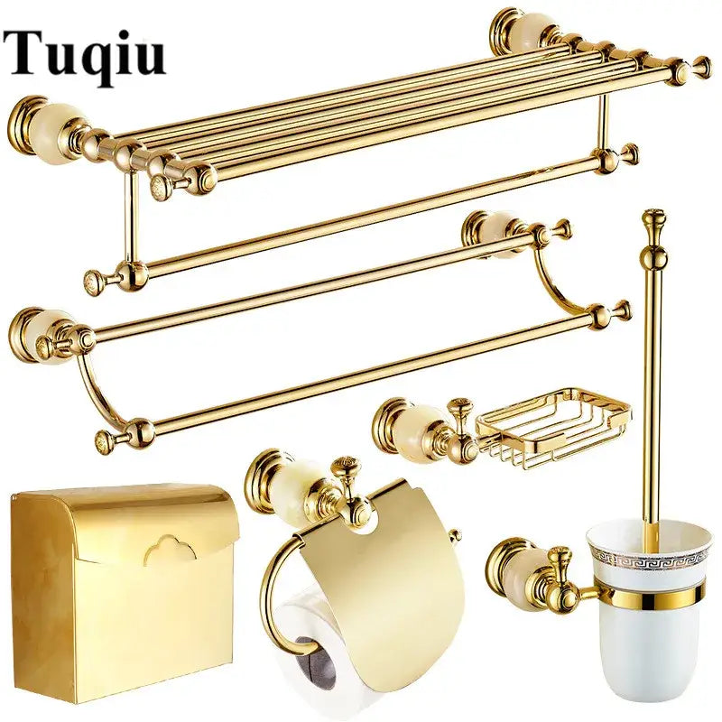 Ornate gold & white ceramic brass jade bathroom hardware set