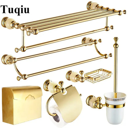Ornate gold & white ceramic brass jade bathroom hardware set