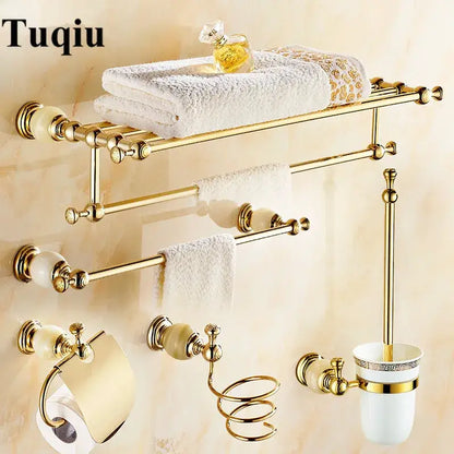 Ornate gold & white ceramic brass jade bathroom hardware set