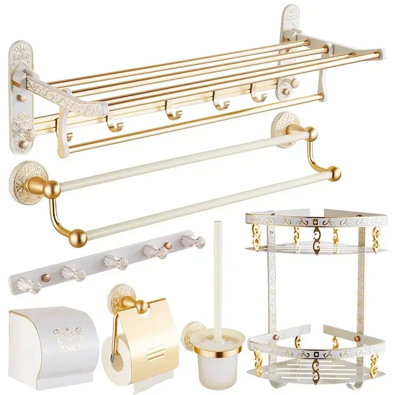 Ornate gold & white floral bathroom accessories set