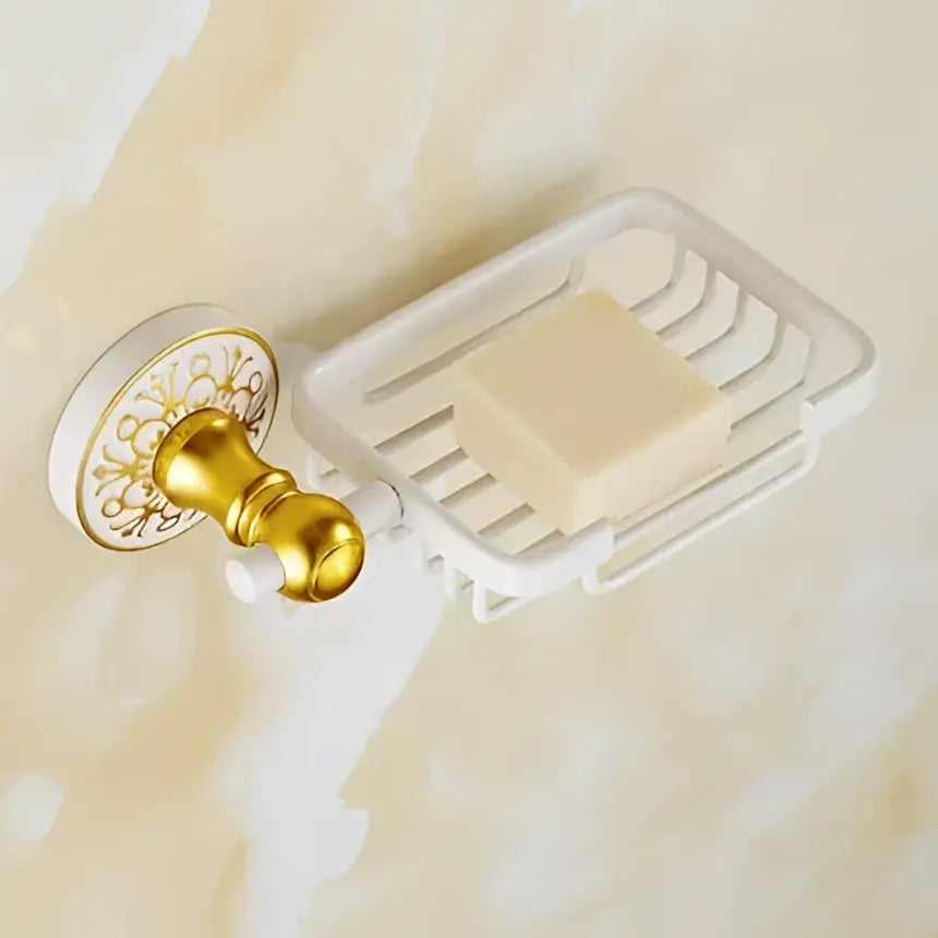 Ornate gold & white floral bathroom accessories set