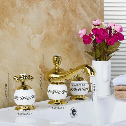 Ornate gold & white porcelain bathroom faucet set