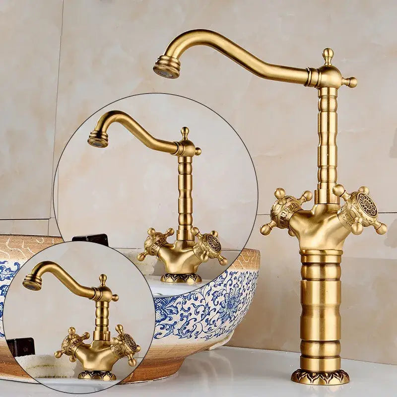 Ornate golden brass carved bathroom faucet hot and cold mixer tap
