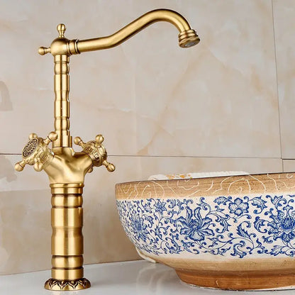 Ornate golden brass carved bathroom faucet hot and cold mixer tap