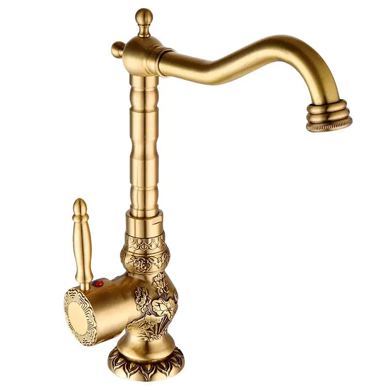 Ornate golden brass carved bathroom faucet hot and cold mixer tap