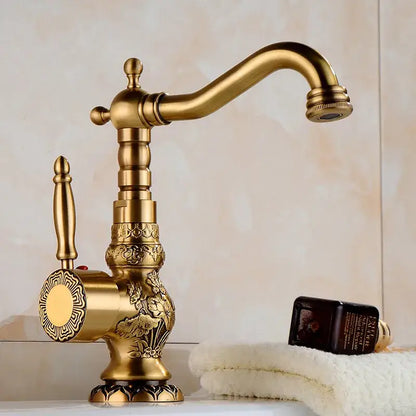 Ornate golden brass carved bathroom faucet hot and cold mixer tap