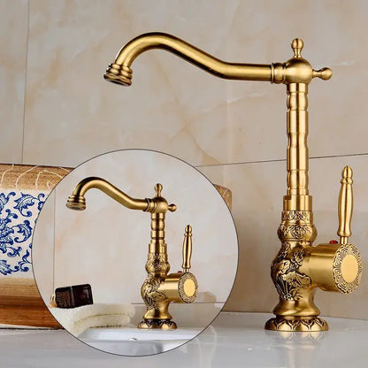 Ornate golden brass carved bathroom faucet hot and cold mixer tap