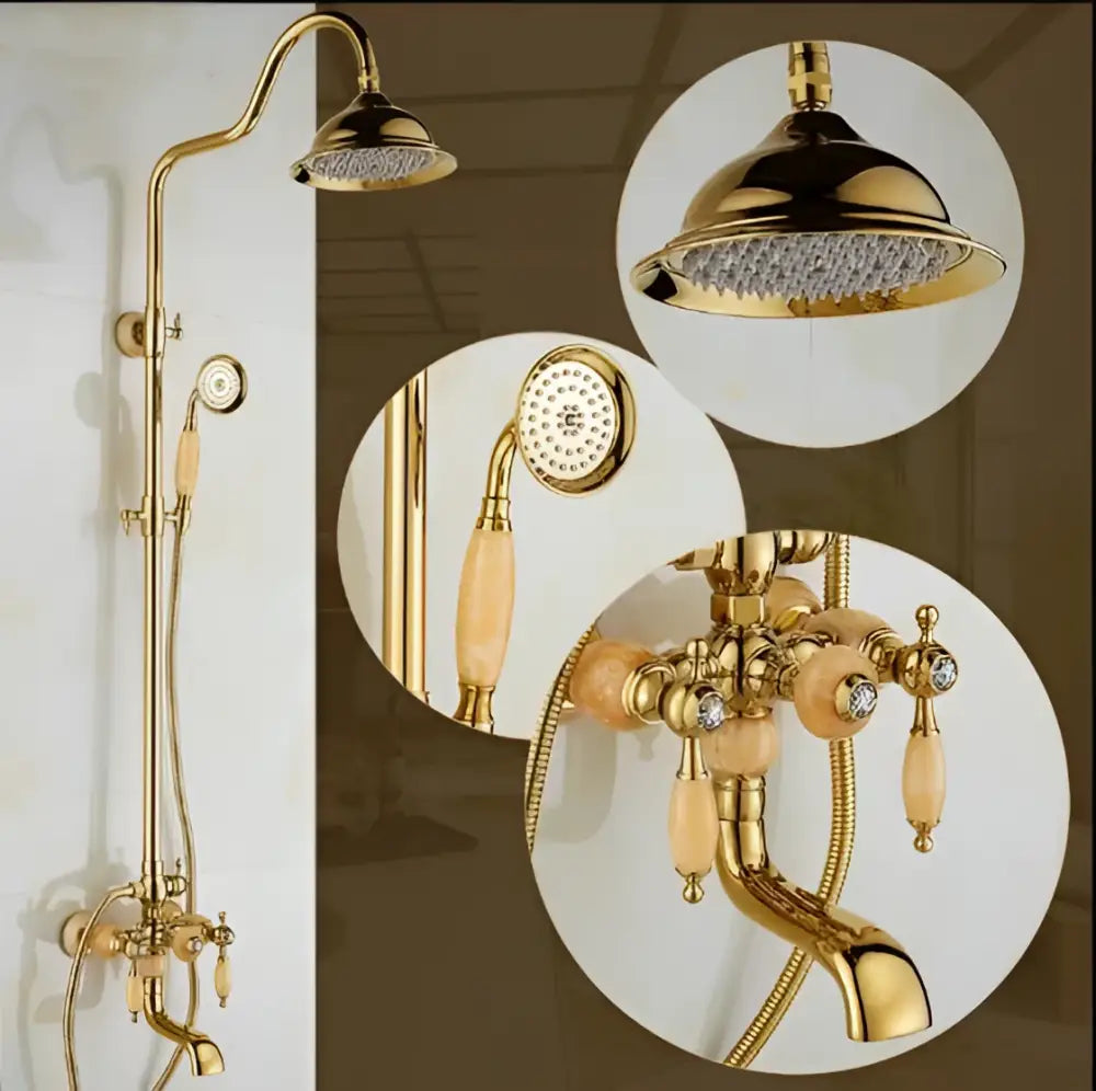 Ornate golden brass & jade bath shower set bathroom rainfall system