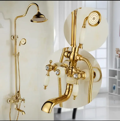 Ornate golden brass & jade bath shower set bathroom rainfall system