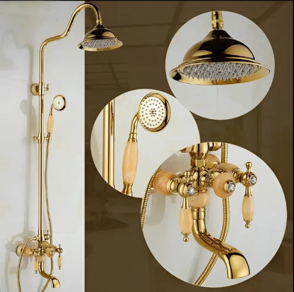 Ornate golden brass & jade bath shower set bathroom rainfall system