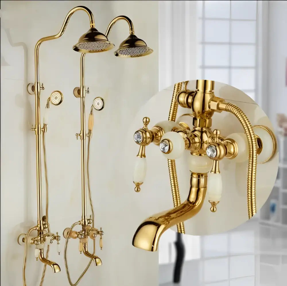 Ornate golden brass & jade bath shower set bathroom rainfall system