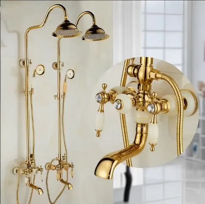 Ornate golden brass & jade bath shower set bathroom rainfall system