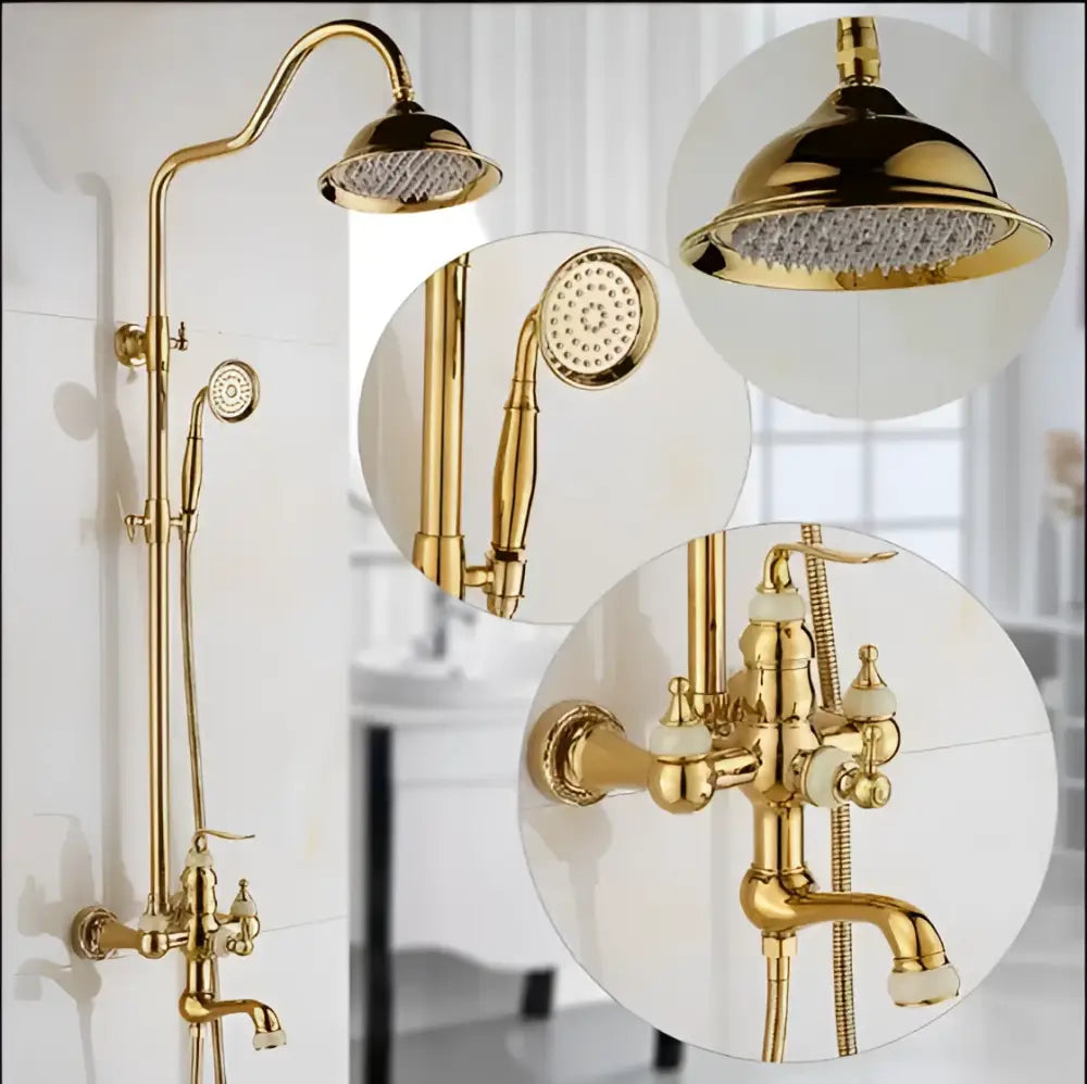 Ornate golden brass & jade bath shower set bathroom rainfall system
