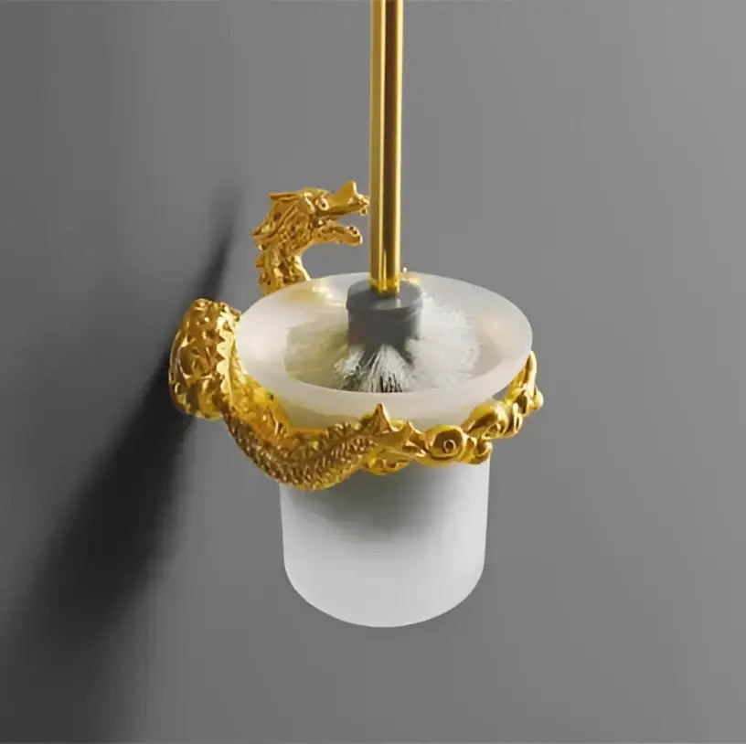 Ornate golden dragon bathroom hardware set with white ceramic
